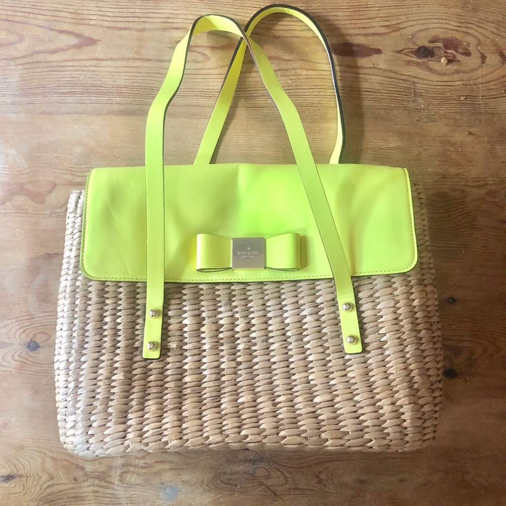 Kate Spade Straw & Leather Lime Green Large Purse